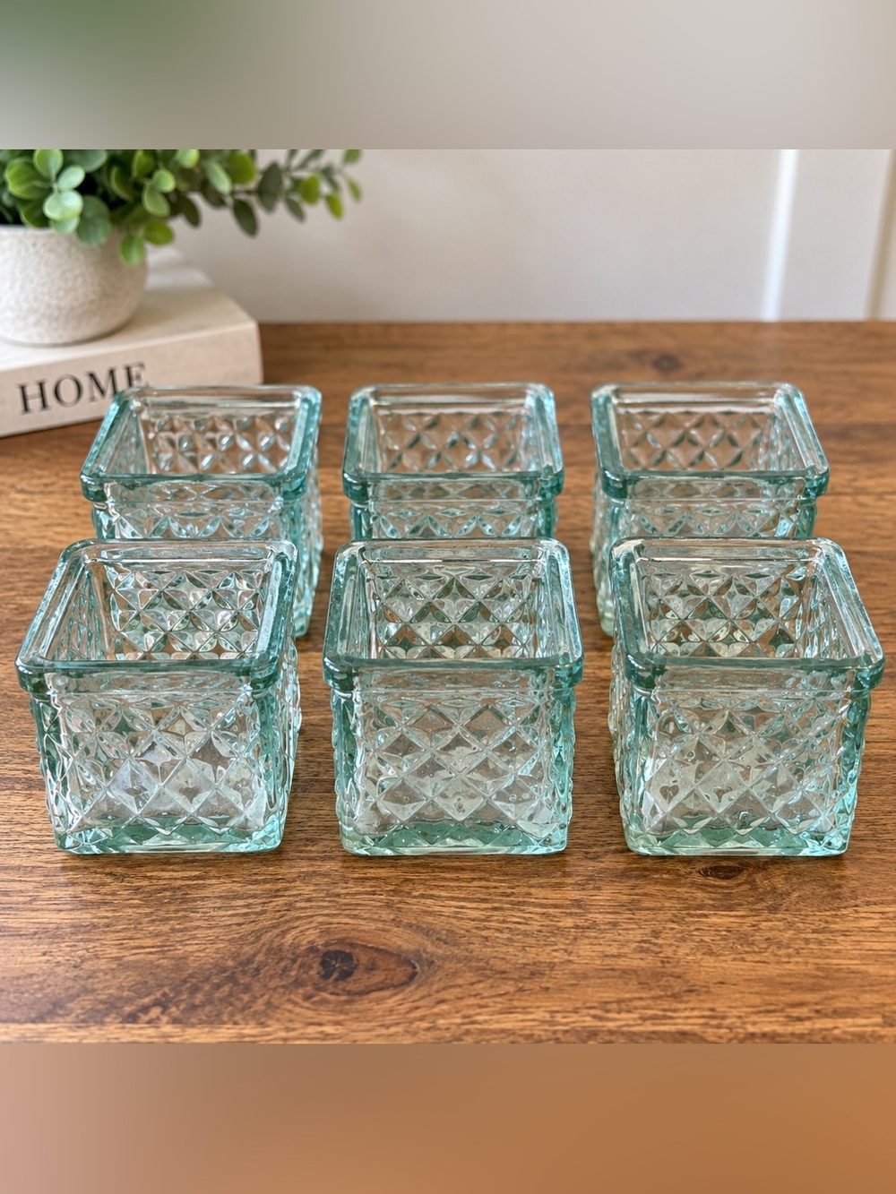 Glass Diamond-Pattern Square Votive Holders - Aqua (Set of 6)